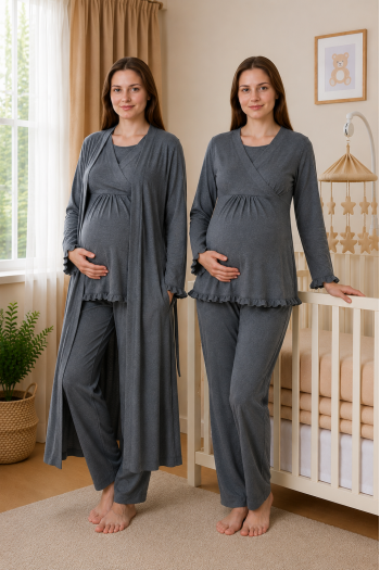 Effortt 4044 Antrasit Gizli Emzirme Özellikli Sabahlıklı Lohusa Pijama Takımı